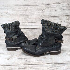 A.S.98 Dark Green Leather Fold Over Studded Biker Boots Boho Grunge Women Sz 40
